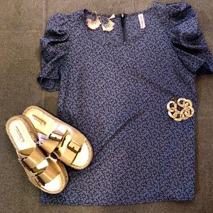 Blue Blouse with Fringed Sleeves